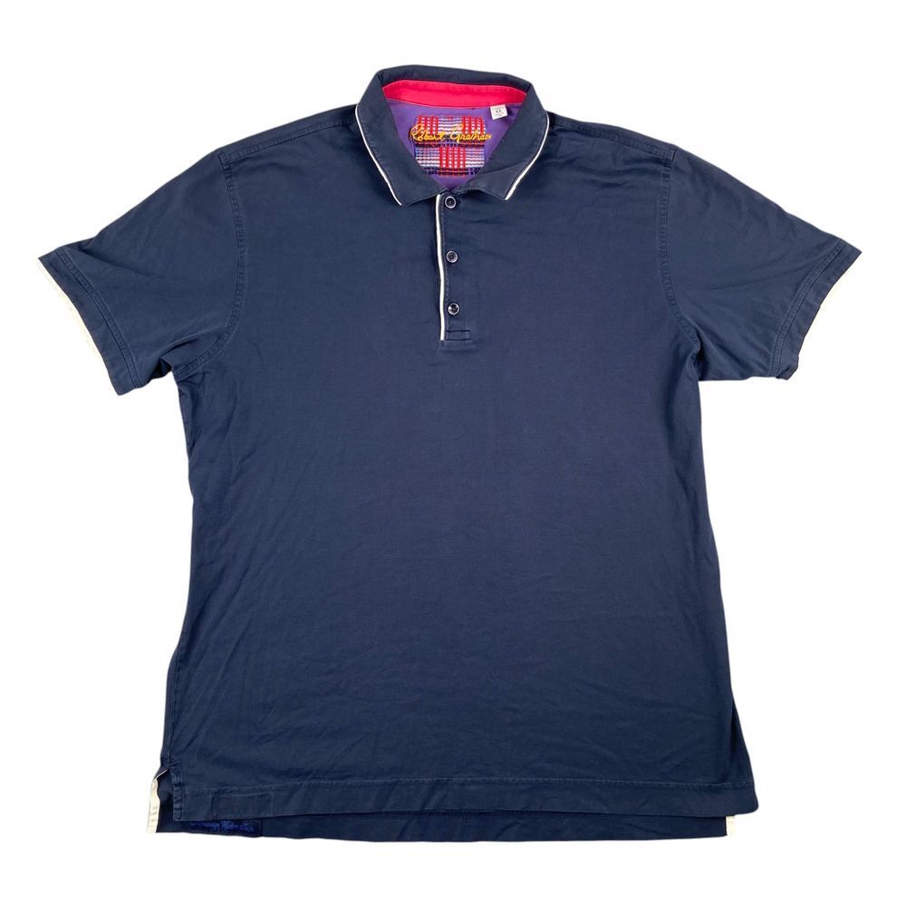 Robert Graham Polo Mens Size XL Blue Embroidery Button w/White Stripes Excellent